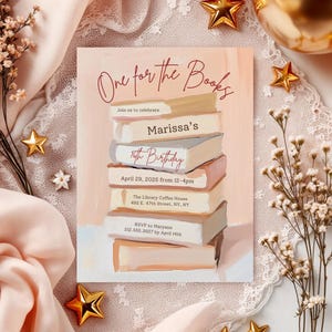 One for the books, Book Birthday Invitation, Book Themed Birthday Party, Library Theme Party Invite, Editable Instant Download