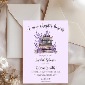 May include: A lavender-colored bridal shower invitation with the text "A new chapter begins." The invitation features a stack of books and lavender sprigs. Two cream-colored envelopes are visible.