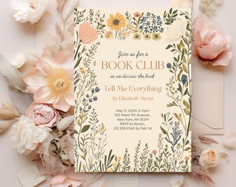 Wildflower Vines book club invitation, Printable Book Club Invitation, Canva Book Club Template Instant Download Book Party Flyer