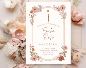 Floral Frame Girls Baptism invitation, Vintage Floral Baptism Invitation Girl, Girl Flower Invitation Template, Christening Invitation Pink