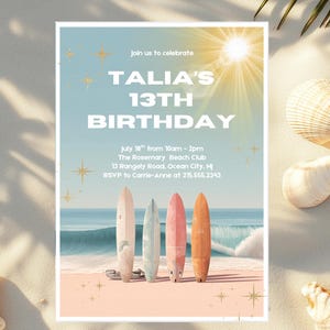 Surf Birthday Invitation Canva, Surfing Invite, Surf&#39;s Up, Surfboard theme Party, Catch the big wave, Digital Editable Template, Beach Party
