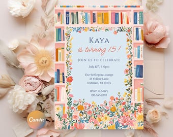 Moldura de estante floral pastel para livros, modelo de convite de aniversário, link para festa de literatura, convite para clube do livro, convite para festa de aniversário de menina, Canva