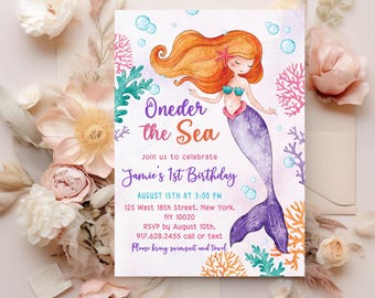 Oneder the Sea Birthday Invitation. Ocean Birthday Party Invitation. Girl Printable Ocean Animals. 1st Birthday Invite. Editable Template