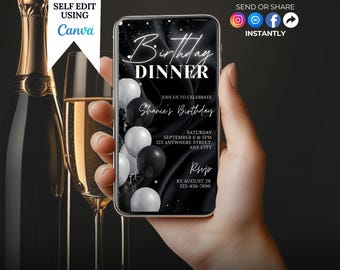 Digitale Geburtstagseinladung, Black Tie Glam Invite, animierte Black Silver Diamond Einladung für Männer & Frauen, selbst bearbeitbare Vorlage eCard