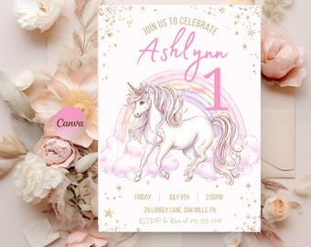 May include: A pastel-colored invitation with a unicorn, rainbow, and text that reads "Join us to celebrate Ashlynn is turning 1." The invitation includes the date, time, and location of the event. Floral elements are in the background.