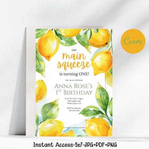Lemon 1st Birthday Invitation Template | Editable Main Squeeze Birthday Party Invite Template | Girl First Birthday Canva Evite