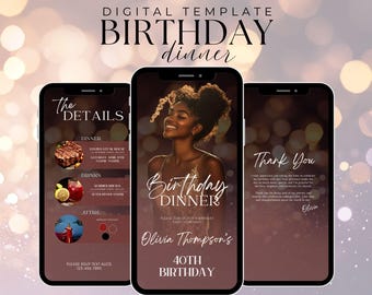 Invitación digital a la cena de cumpleaños, cena de cumpleaños, invitación digital a la fiesta de cumpleaños, plantilla editable, texto, fiesta de cumpleaños, texto Evite