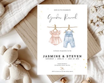 Boho Gender Reveal Invitation, Editable Gender Reveal Invite Template, Vintage Baby Clothes Gender Reveal Instant Download, Neutral Baby