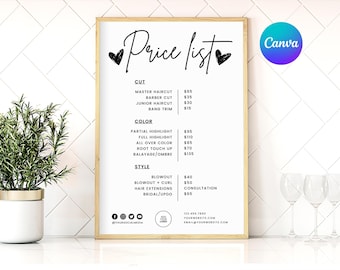 Op de afbeelding: Een ingelijste prijslijst voor kapsalondiensten, met een minimalistisch ontwerp. De zwarte tekst op een witte achtergrond geeft prijzen voor haar knippen, kleuren en styling. Het Canva-logo staat rechtsboven.