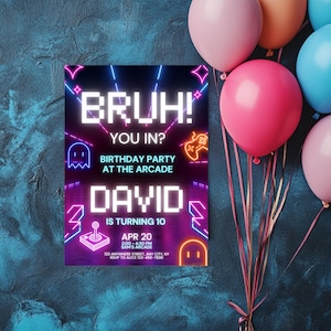 Bruh, é meu convite de aniversário, qualquer idade, qualquer tema, modelo editável, cartão de aniversário neon para impressão, convite para festa digital, download instantâneo