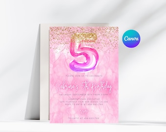 Editable Pink 5th Birthday Invitation Template Glitter Birthday Party Invite Rainbow Foil Girl Fifth Birthday Instant Download Digital Canva