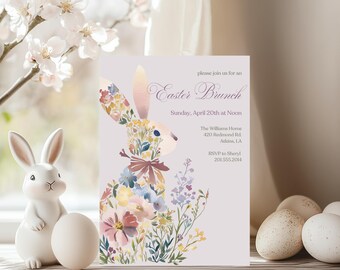Blumen Pastell Hase Osterbrunch Einladung Osterbrunch Evite, Ostereinladung, Ostereiersuche Einladung, bearbeitbar, Sofort Download
