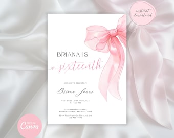 Coquette Pink Bow Birthday Invitation | Editable Girl Invite | Sweet 16 Party Template | Elegant Digital Template | Instant Download Canva