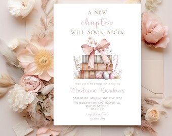 A New Chapter Bridal Shower Invitation Template | Editable Her Next Chapter Begins Wedding Shower Invite | DIY Book Invitation Library Bride
