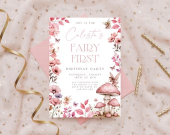 Fairy First Birthday Invitation Girl, Boho Arch Fairy 1st Birthday Invite, Garden, Enchanted Garden Fairy Invitation, Birthday Girl