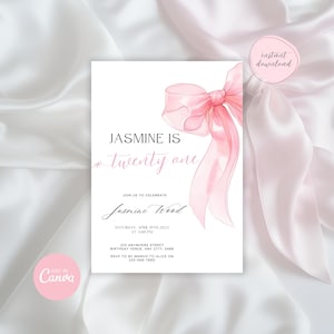 Elegant Pink Bow 21st Birthday Invitation | Customizable Digital Download | Printable Invite for Girls | Editable Template for 21st Birthday