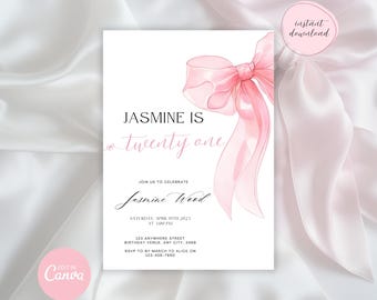 Elegant Pink Bow 21st Birthday Invitation | Customizable Digital Download | Printable Invite for Girls | Editable Template for 21st Birthday