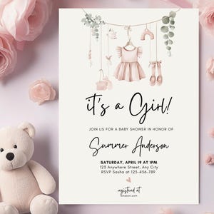 Girl Baby Clothes Baby shower Invitation A sweet baby Girl is on her way Laundry Pink Floral Boho baby Editable Printable Download