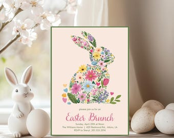Bold Spring Floral Bunny Easter Brunch Invitation Easter Brunch Invite, Easter Invitation, Easter Egg Hunt Invitation, Editable Canva