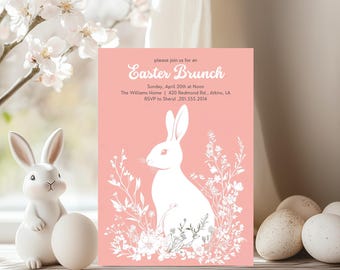 Elegant Coral and White Bunny Easter Brunch Invitation, Easter Invitation, Easter Egg Hunt Invitation, Editable, Instant Download Canva