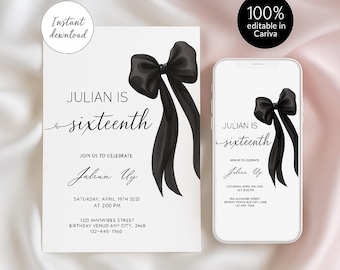 Editable Black Bow Sweet 16 Invitation | Elegant Digital Template | Instant Download | Birthday Party Invite | Coquette Black Bow Birthday