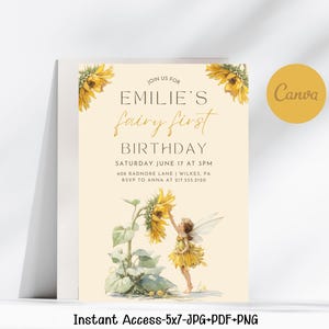 Editable Fairy First Birthday Invitation, Sunflower Fairy 1st Birthday Party Printable Invite, Wildflower Fairy Garden Tea Party, Canva