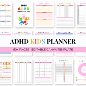 May include: ADHD Kids Planner for 2025 with colorful pages. The planner includes daily, weekly, and monthly trackers, checklists, and special dates. The cover features the text "ADHD Planner for Kids" and a graphic of colorful handprints. The planner has 60+ pages.