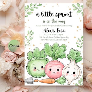 Modelo de convite para chá de bebê Little Sprout | Convite editável para chá de bebê "A Little Sprout is the Way" | Convite vegetariano DIY Canva