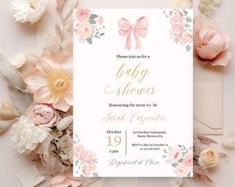 Modello di invito per baby shower con fiocco rosa / Invito digitale modificabile / Baby shower per bambine / Download immediato / Coquette Baby Shower / Canva