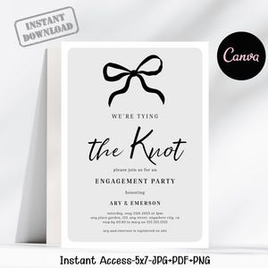 Invitación "Nos casamos" con lazo negro, plantilla editable de Canva para fiesta de compromiso, invitación digital minimalista.