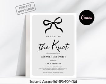 Invitación "Nos casamos" con lazo negro, plantilla editable de Canva para fiesta de compromiso, invitación digital minimalista.