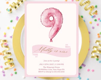 Invitación para el noveno cumpleaños, invitación de cumpleaños para niñas, invitación con globos rosas, plantilla editable, descarga digital, Canva Evite