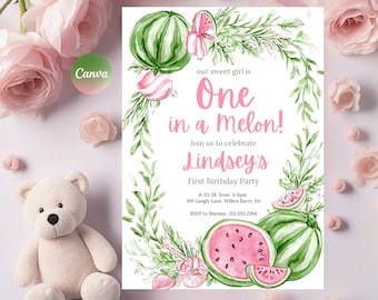 Editable Watermelon Birthday Invitation, One in a Melon 1st Birthday, Pink Summer Party Invite, Printable Template, Instant Download Canva
