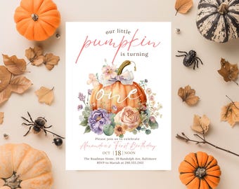 Little Pumpkin Turning One birthday invitation, Our Little Pumpkin 1St Birthday Pumpkin Invitation Girl First Birthday Fall Birthday Party