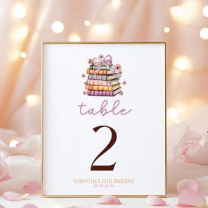 Può includere: Un numero di tavolo incorniciato con bordo dorato. Il numero è un grande "2" marrone scuro sotto la parola "table" in corsivo. In cima c'è una pila di libri con fiori e un fiocco. Il testo "Samantha's 13th Birthday 09.18.2030" è in basso.