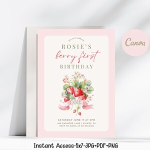 Berry First Birthday Invitation Template, Strawberry 1st Birthday Invite, Girls 1st Birthday Invitation, Printable Invite, Evite Canva