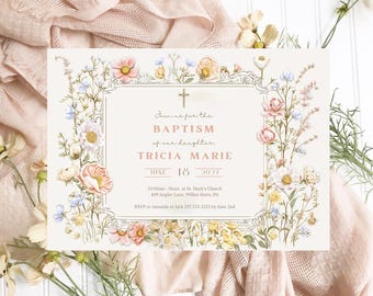 Wildflower Baptism Invitation Template, Printable Floral Baptism Invite, Girl Baptism Invitation, Dusty Pink Baptism, Christening Invite