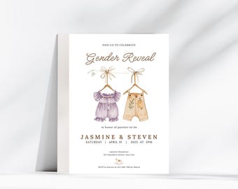 Boho könsavslöjande inbjudan, redigerbar könsavslöjande inbjudan, vintage babykläder könsavslöjande direktnedladdning, neutral babyinbjudan