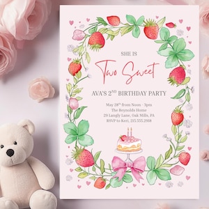 Two Sweet Strawberry Birthday Invitation, Two Sweet Invitation, 2nd Birthday Invitation, Two Year Dessert Invite,  Cake Invitation, Canva