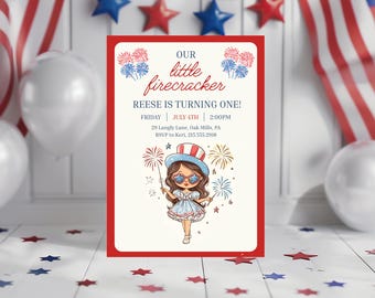 Alle amerikanischen 1. Geburtstag einladen, druckbare digitale Einladung für Vaterland-Geburtstagsfeier am 4. Juli, kleine Feuerwerkskörper-Einladung