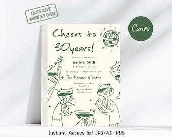 30th Birthday Invitation Template, Male 30th birthday invite, Cheers to 30 Years Invitation, Whimsical Thirty Invite template, Beer 30th
