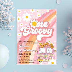 Editable Groovy One Birthday Invitation EDITABLE Daisy Rainbow Groovy 1st Birthday Invite Hippie Party Template Instant Download