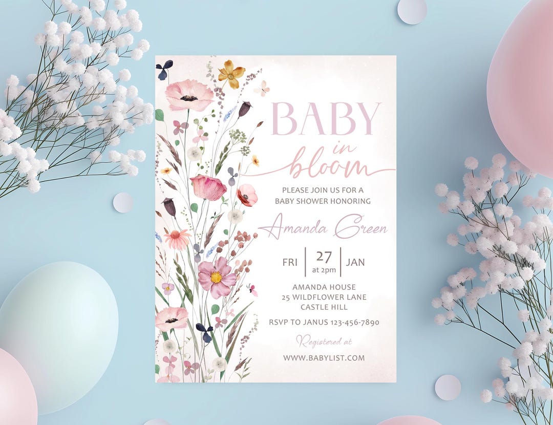 Spring Invitations Bloom Baby in Bloom Invitation, Baby Shower Invitation Template, Spring ...