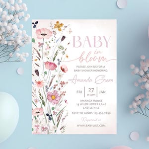 Baby In Bloom Invitation, Baby Shower Invitation Template, Spring Summer Bloom Wildflowers, Baby Shower Evite