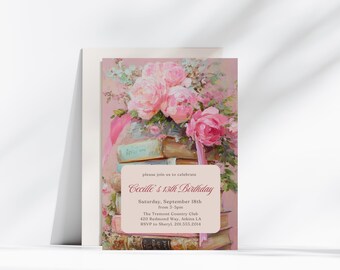 Vintage Pink Roses Book Birthday Invitation Template Link, Literature Party, Book Club Invite, Girl Bookish Birthday Party Invite