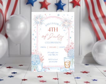 4th of July Invitation Template – Patriotic Celebration Invite Editable Canva Design, Red White & Blue Fireworks Printable, Instant Download
