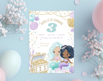 Mermaid Tail Birthday Invitation, Under the Sea Birthday Invitation Girl, Editable Birthday Template, Purple Teal Mermaid Birthday Canva