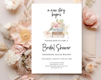 A New Chapter Bridal Shower Invitation Template | Editable Her Next Chapter Begins Wedding Shower Invite | DIY Book Invitation Library Bride