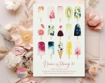 Editable Popsicle Birthday Invitation, Popsicle Birthday Invite, Popsicle Party Evite, Ice Cream Party Digital Canva, Summer Birthday Evite