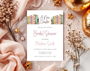 A New Chapter Bridal Shower Invitation Template | Editable Her Next Chapter Begins Wedding Shower Invite | DIY Book Invitation Library Bride
